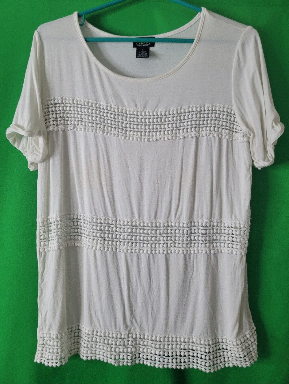 White Crochet-Trim Women Lace Top Shannon Ford New York Small Blouse Cap Sleeves